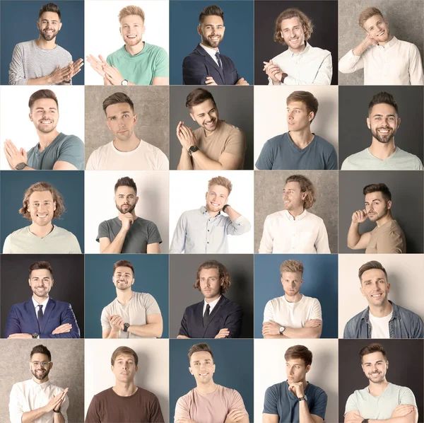 Colagem com retratos de homens bonitos em diferentes origens — Fotografia de Stock