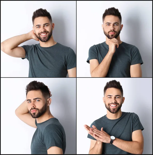 Colagem com retratos de homem bonito sobre fundo branco — Fotografia de Stock