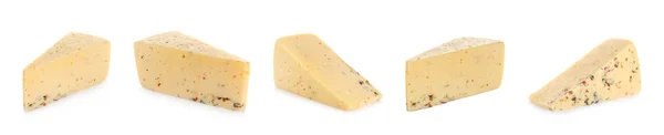 Sada lahodného sýra na bílém pozadí. Návrh nápisu — Stock fotografie