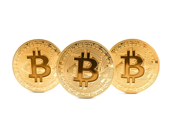 Bitcoins de oro aislados en blanco. Moneda digital — Foto de Stock