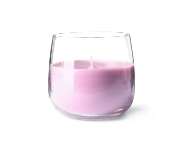 Bougie en cire rose dans un porte-verre isolé sur blanc — Photo