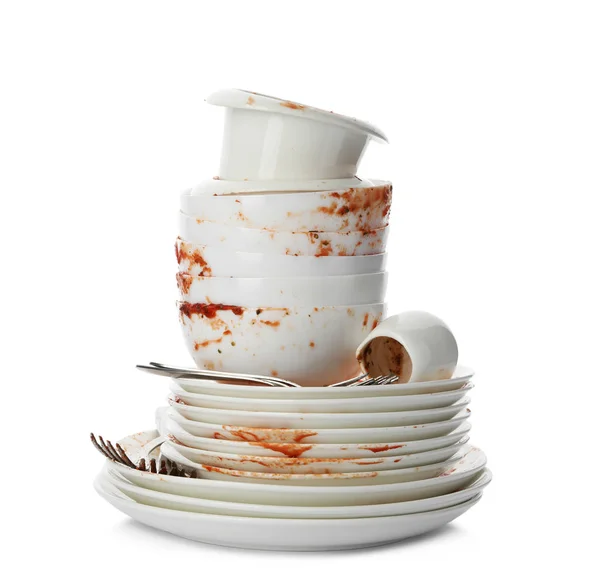 Conjunto de pratos sujos isolados em branco — Fotografia de Stock