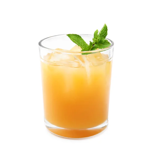 Delicious refreshing peach cocktail in glass on white background — Stock Photo, Image