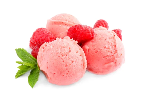 Scoops of delicious raspberry ice cream with mint and fresh berries on white background — Stock Photo, Image