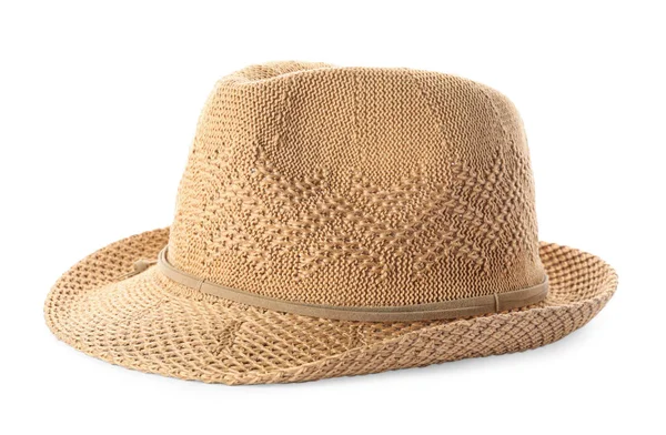Stílusos nyári kalap fehér háttéren. Strandra vonatkozó tartozék — Stock Fotó