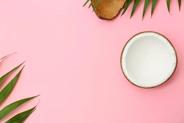 Hojas frescas de coco y palma sobre fondo rosa, planas. Espacio para texto — Foto de Stock