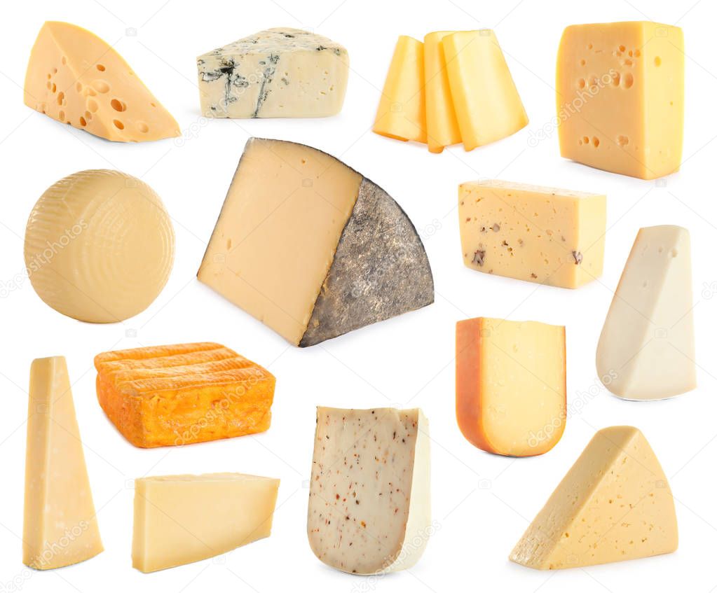 Set of different delicious cheeses on white background