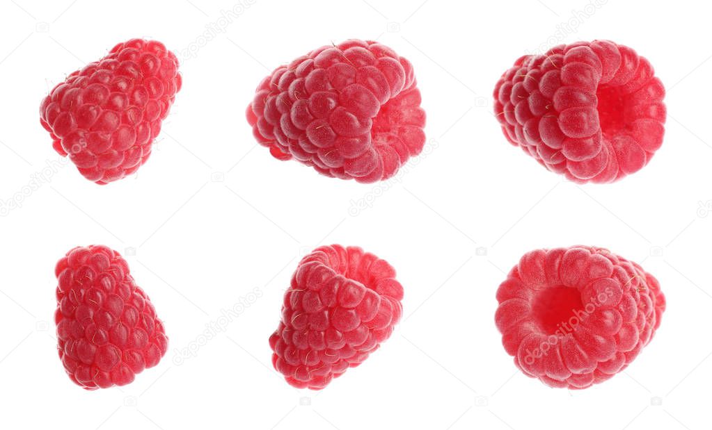 Set of fresh sweet raspberries on white background