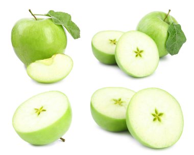 Beyaz arka planda sulu taze yeşil elma seti