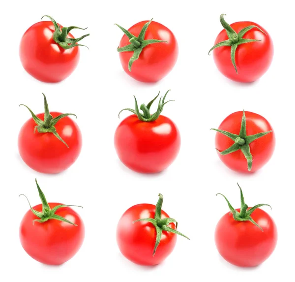 Beyaz arka planda sulu olgun kiraz domates seti — Stok fotoğraf