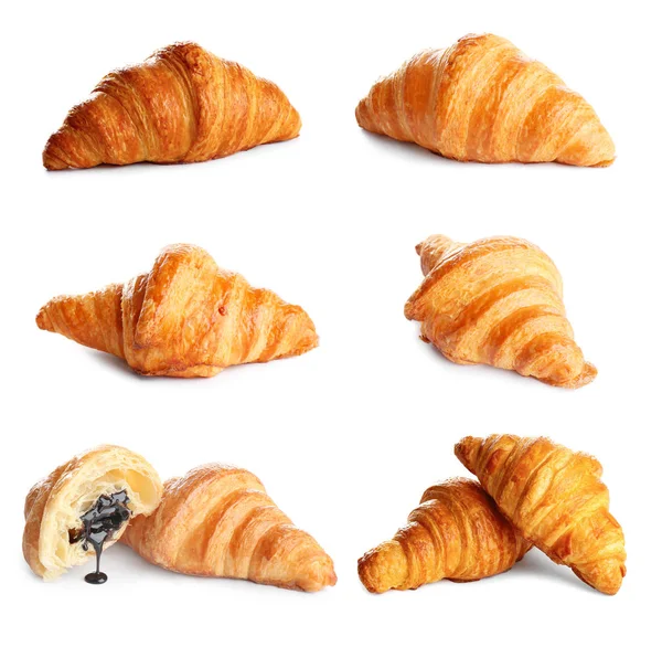 Set van heerlijke vers gebakken croissants op witte achtergrond. Frans gebak — Stockfoto