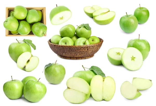 Conjunto de jugosas manzanas verdes frescas sobre fondo blanco — Foto de Stock