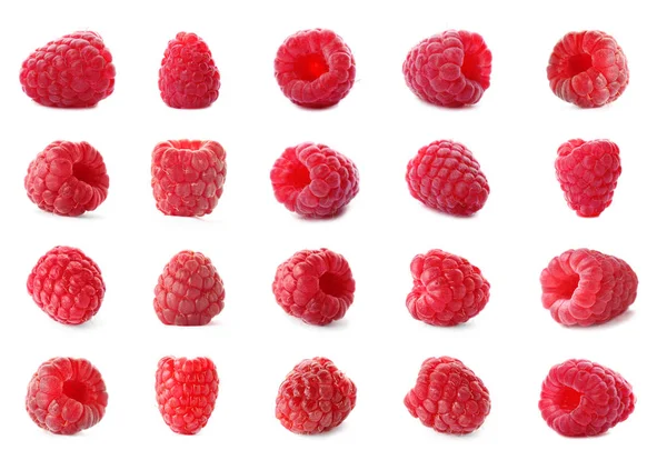 Set of fresh sweet raspberries on white background Stock Picture