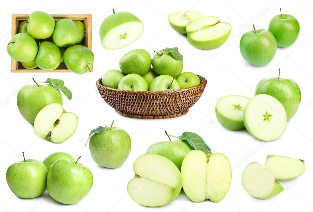 Set of juicy fresh green apples on white background