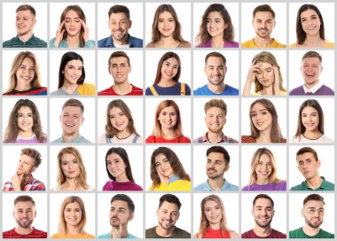Beyaz arka planda duygusal insanların portreleri ile kolaj
