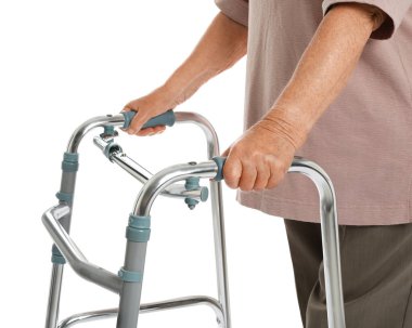 Elderly woman using walking frame isolated on white, closeup clipart