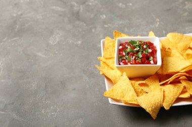 Gri masada lezzetli Meksika nachos cips ve salsa sosu ile plaka. Metin alanı