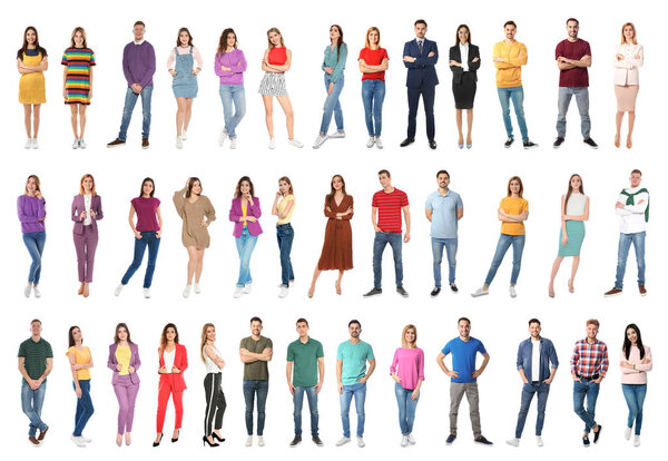 Collage of attractive people on white background