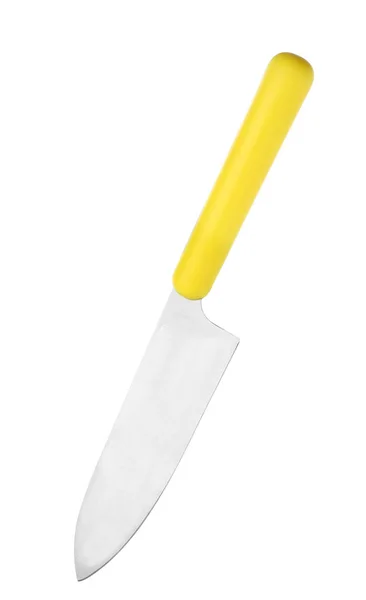 Ostrý nůž šéfkuchaře se žlutou rukojetí na bílém pozadí — Stock fotografie