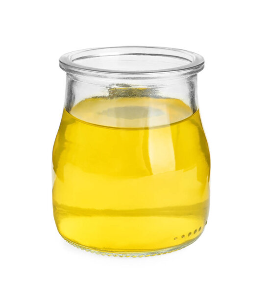 Tasty jelly dessert in glass jar on white background