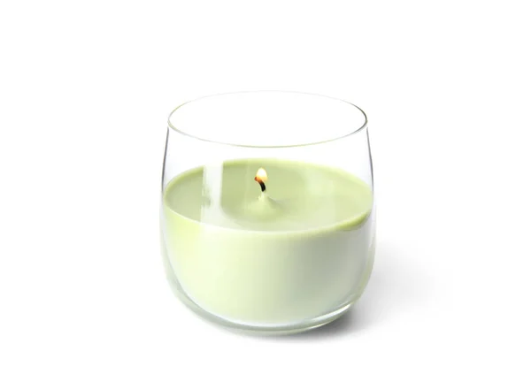 Grönt vax ljus i glas hållaren isolerad på vit — Stockfoto