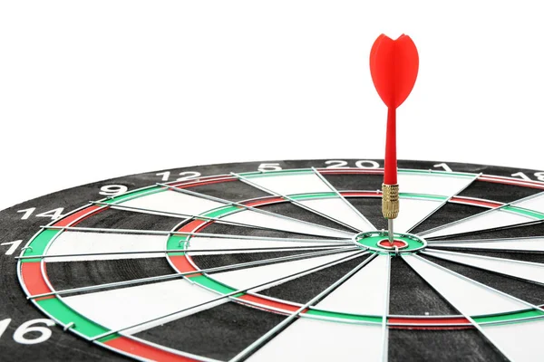 Dart board with color arrow hitting target, closeup — Stock Photo, Image