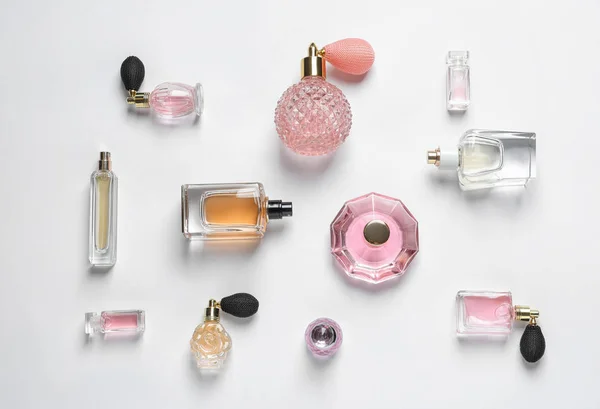 Diferentes botellas de perfume de lujo sobre fondo blanco, vista superior — Foto de Stock