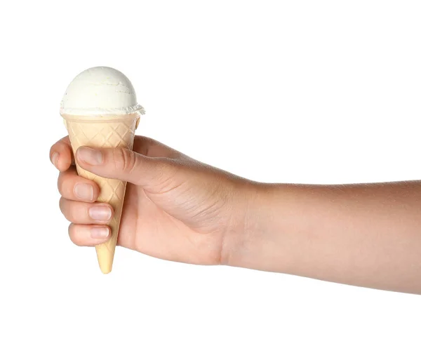 Woman holding delicious ice cream in wafer cone on white background, closeup — Stock Photo, Image