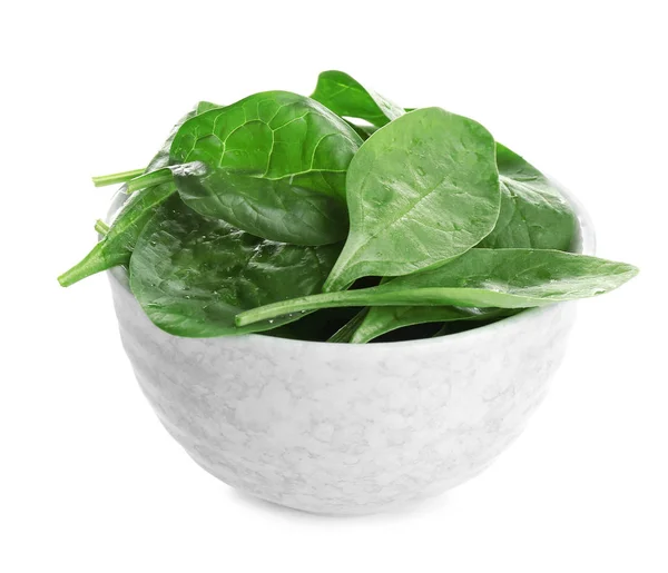 新鲜绿色健康婴儿菠菜叶在陶瓷碗中隔离在白色 — 图库照片