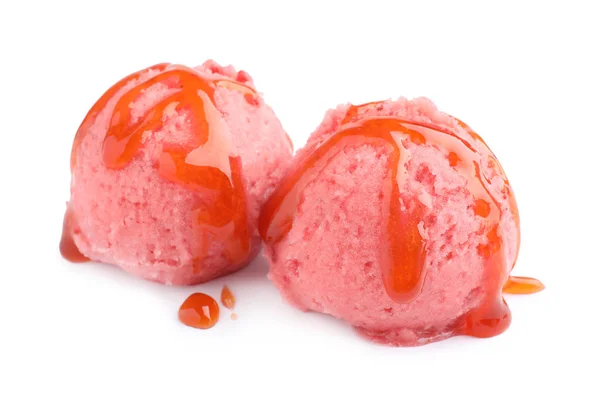Scoops of delicious strawberry ice cream with syrup on white background — Stock Photo, Image