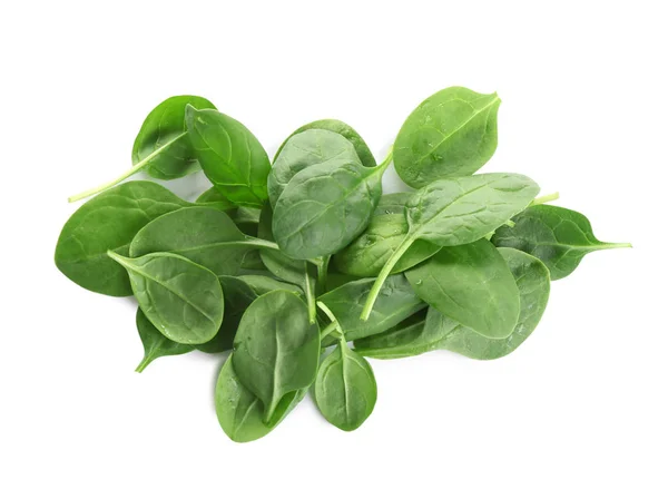 Pilha de verde fresco saudável bebê espinafre folhas no fundo branco, vista superior — Fotografia de Stock