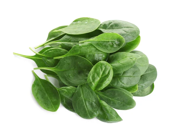 Pilha de verde fresco saudável bebê espinafre folhas no fundo branco, vista superior — Fotografia de Stock