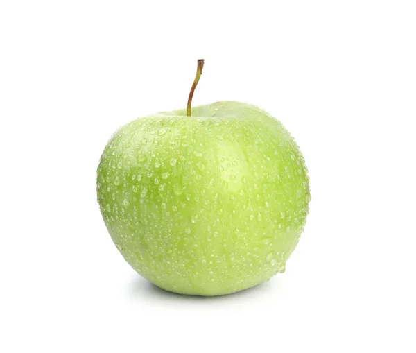 Manzana verde madura fresca con gotas de agua sobre fondo blanco — Foto de Stock