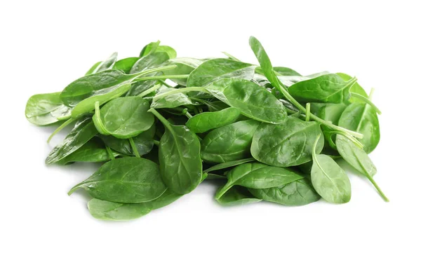 Pile of fresh green healthy baby spinach leaves on white background — Stock Photo, Image