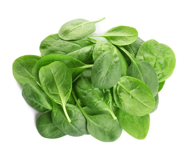 Montón de hojas de espinaca bebé sano verde fresco sobre fondo blanco, vista superior — Foto de Stock