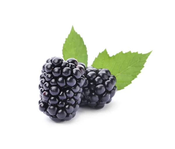 Tasty ripe blackberries with green leaves on white background — Stock Photo, Image