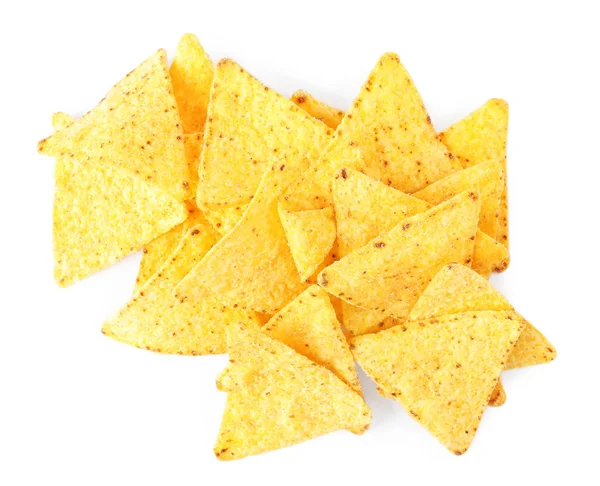 Pile de savoureux nachos mexicains chips sur fond blanc, vue de dessus — Photo