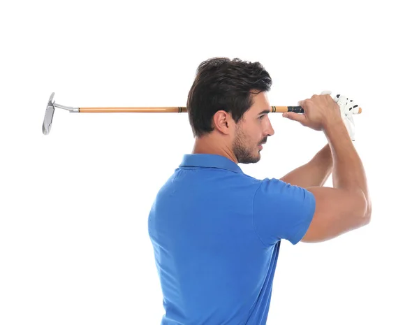 Young man playing golf on white background — Stock Photo, Image