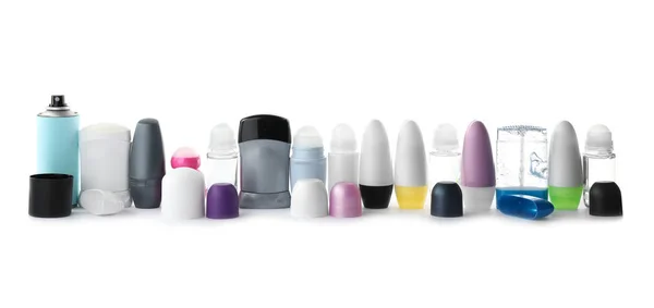 Sada různých deodorantů na bílém pozadí — Stock fotografie