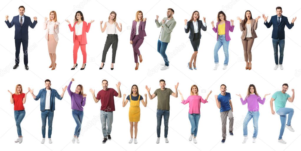 Collage of emotional people on white background. Banner design 