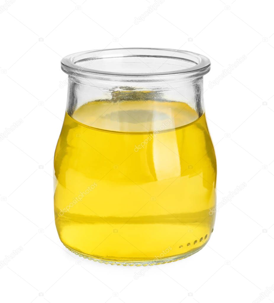Tasty jelly dessert in glass jar on white background