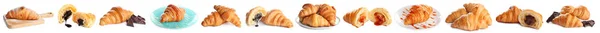 Conjunto de deliciosos croissants frescos assados no fundo branco, design de banner. Pastelaria francesa — Fotografia de Stock