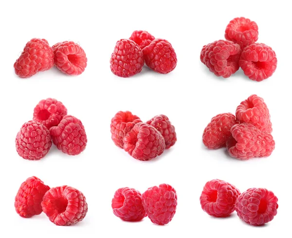 Conjunto de framboesas doces frescas no fundo branco — Fotografia de Stock