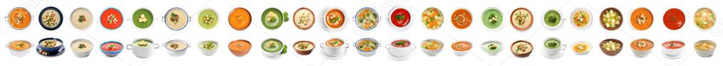 Set of different fresh homemade soups on white background. Banner design 