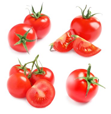 Beyaz arka planda sulu olgun kiraz domates seti