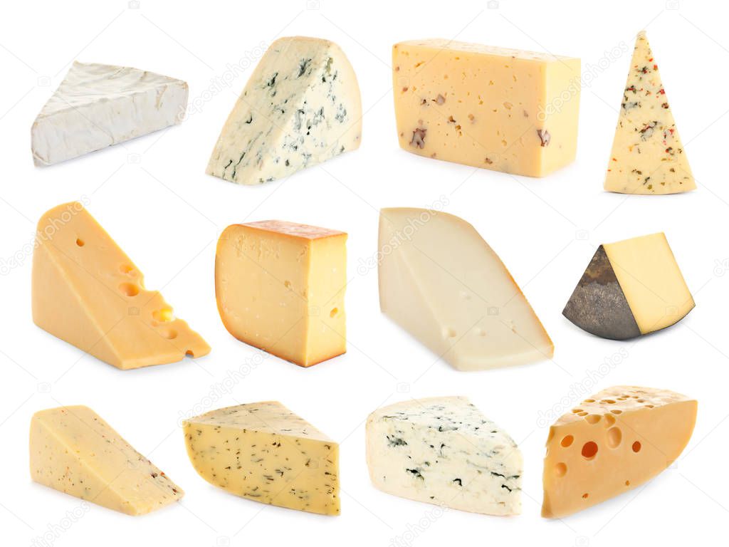 Set of different delicious cheeses on white background