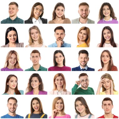 Beyaz arka planda insanların portreleri ile kolaj