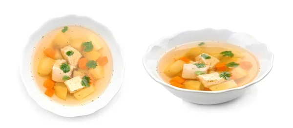 Conjunto de sopa de frango caseiro fresco no fundo branco — Fotografia de Stock