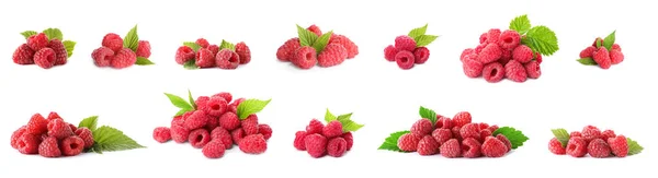 Set frischer süßer Himbeeren auf weißem Hintergrund. Bannerdesign — Stockfoto