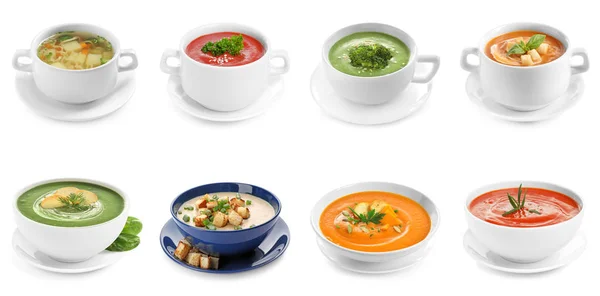 Set de diferentes sopas caseras frescas sobre fondo blanco — Foto de Stock